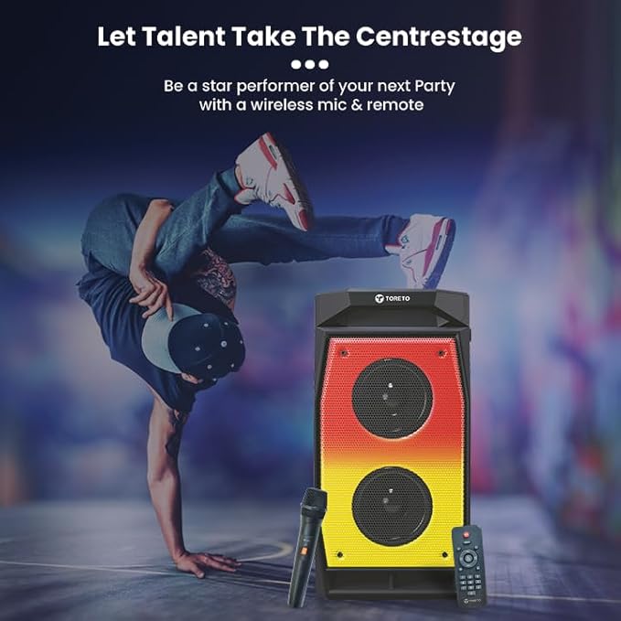Toreto Evolve Pro Portable Sound Box with Wireless Karaoke Mic - RGB Light - Aux - USB 60 W Bluetooth Party Speaker  (Black- 2.0 Channel)