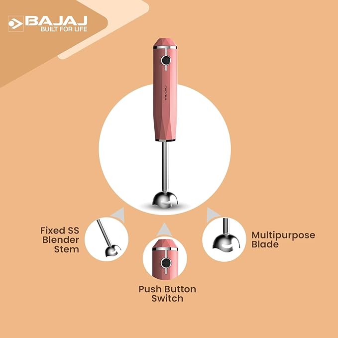 Bajaj Stainless Steel Juvel 300 Watts Hand Blender with Prism Design & Silent Dc Motor- Pink