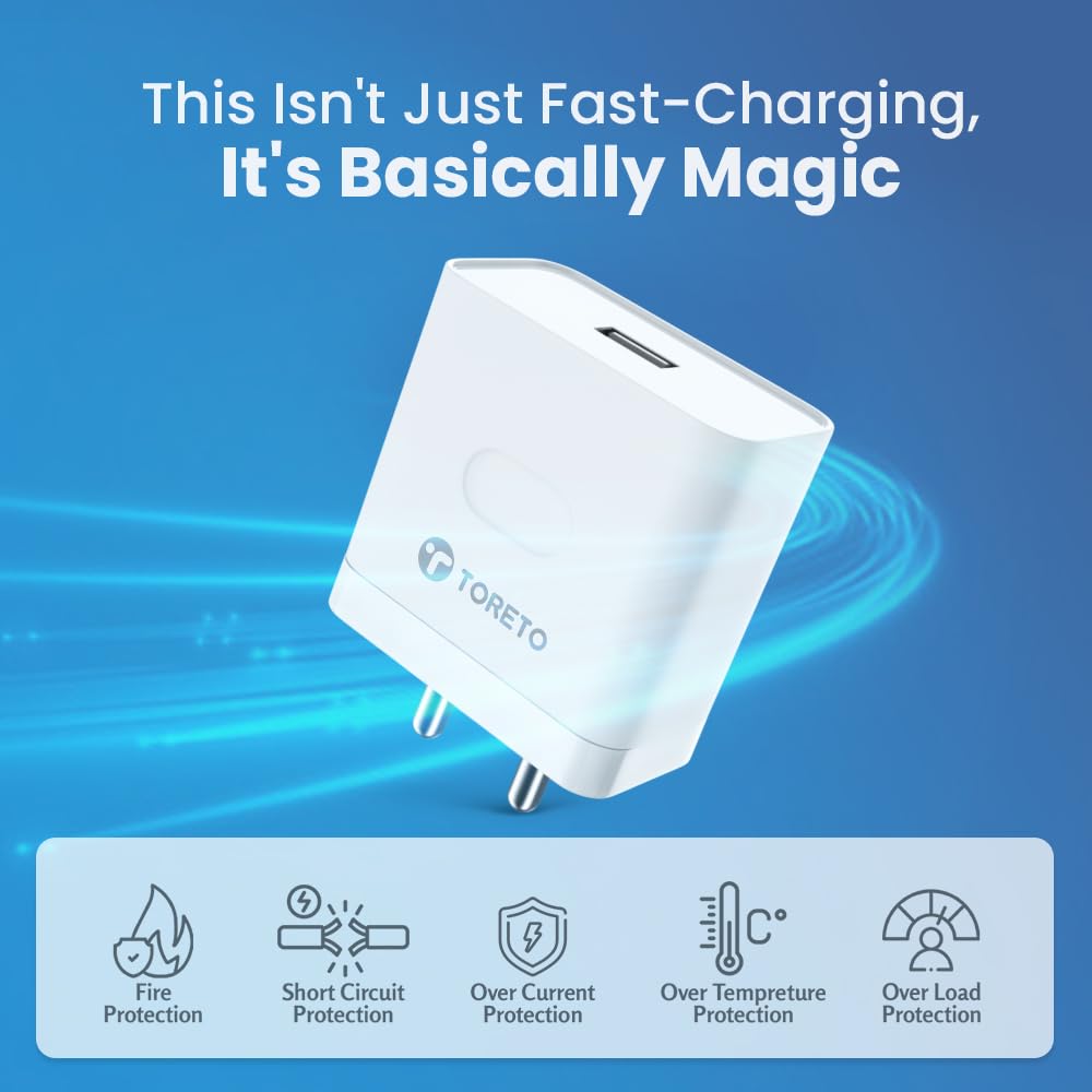 Toreto Zest GO 100W Super Vooc Fast Charging Adaptor Mobile Charger for Android Smartphone and All C-Type-C Devices USB to Type C Fast Charging Cable Included (White)