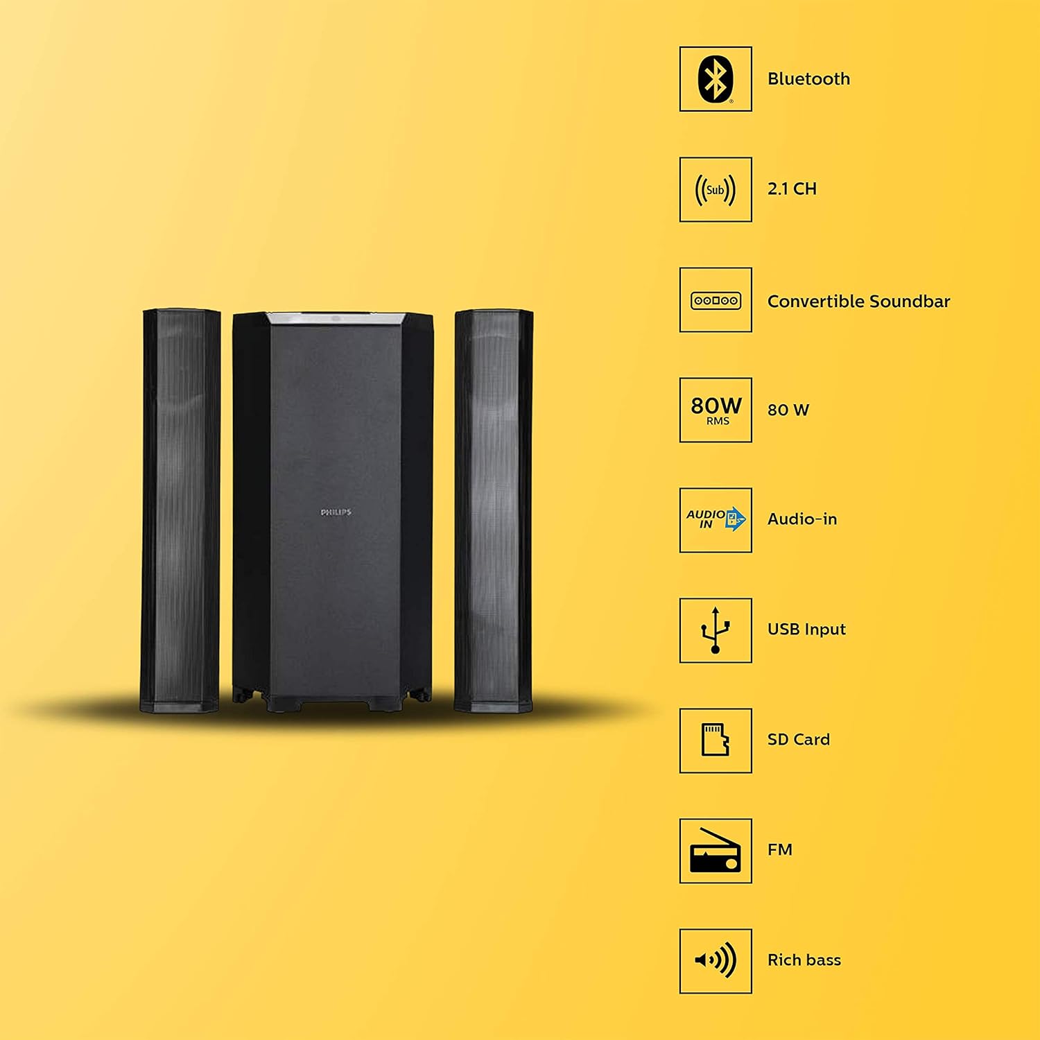Philips Convertible Soundbar MMS8085B, 2.1 Channel with Multiple-Connectivity Option,USB in, Bluetooth Connectivity 80 Watt (Black), Superior Sound