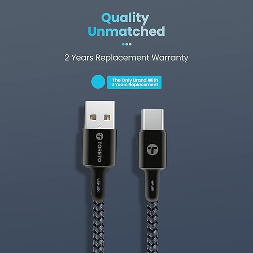 Toreto Dura 9 3A Type-C Data and Fast Charging Cable- Made in India- 480Mbps Data Sync- Strong and Durable 1-Meter Nylon Braided USB Cable for Type-C Devices (Black) (Type-C- 1 Meter)