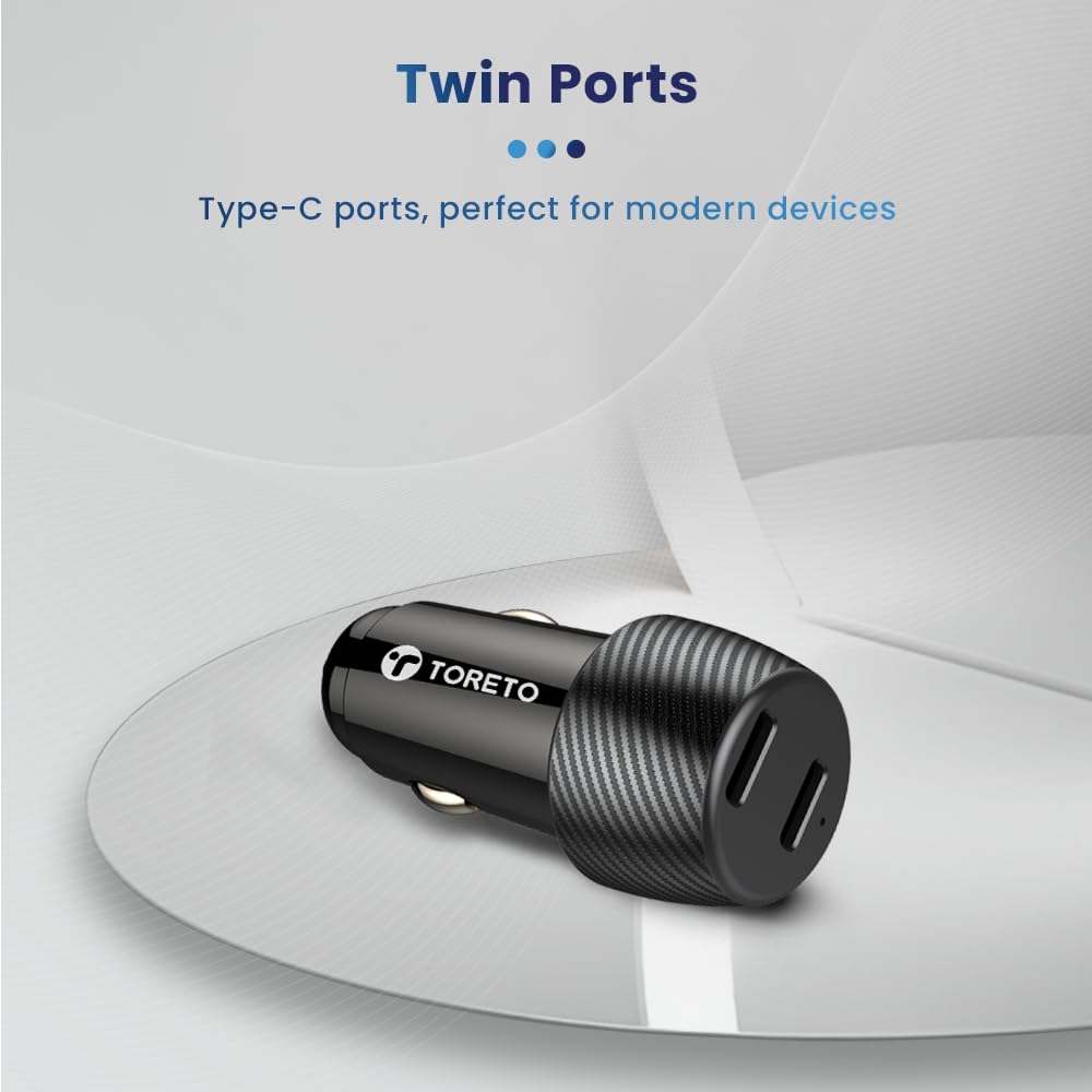 Toreto Turbo NEO 40 Watt Super Fast Car Charger with Dual PD 3.0 Output- Compatible with iPhones Series-Tablets-Earbuds All Type C Smartphones and Devices (Black)