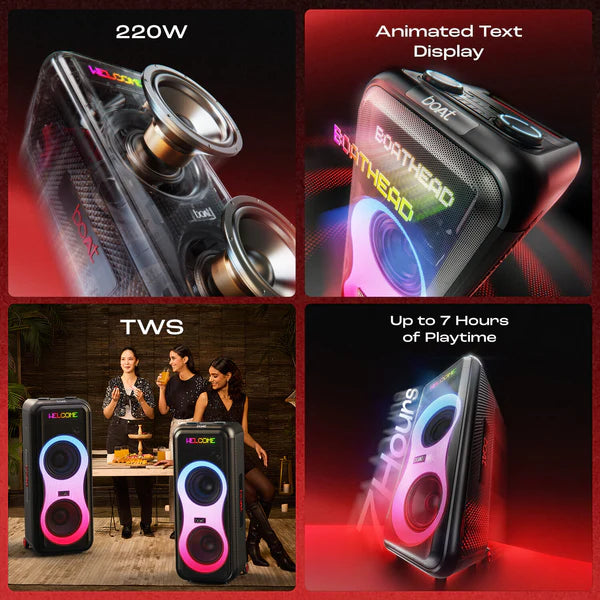 boAt New Launch PartyPal 600 Party Speaker- 220W Signature Sound- Dynamic Pixels- Animated Text Display- App Support- UHF Wireless Microphone- Colorful LEDs-7hrs Battery & Guitar Input(Premium Black)