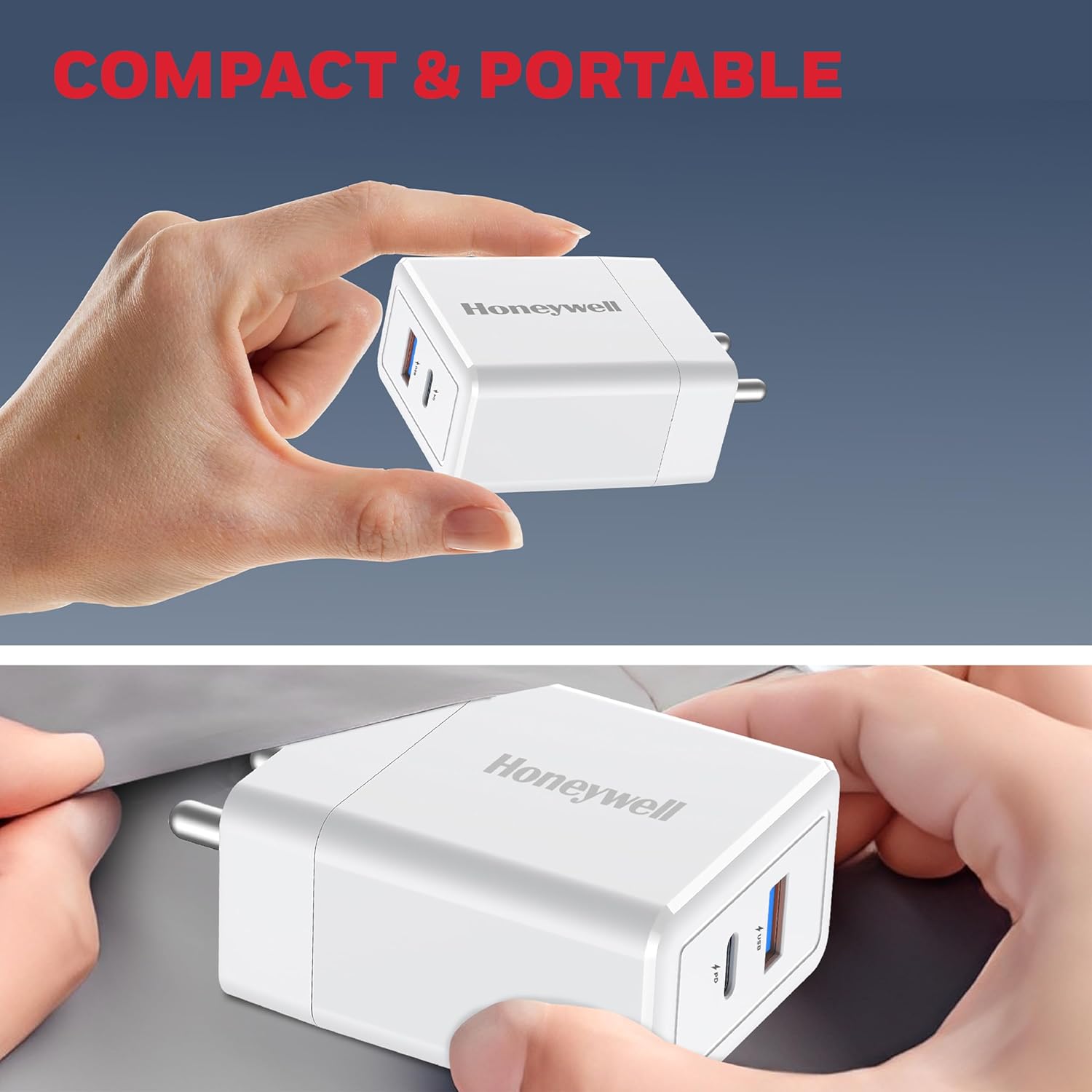 Honeywell Zest Charger GaN 65W, Ultra-Fast Charger with PPS Support, 1xType C PD 3.0 Port & 1x USB A Port, BIS Certified, Compatible with iPhone,MacBook Air,iPad Pro,Pixel,Galaxy,Laptops