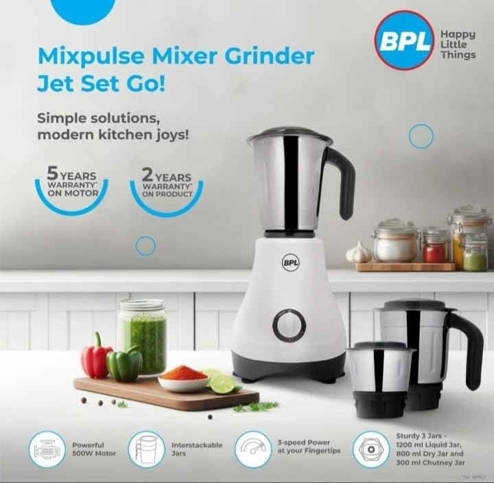 BPL MIX-PULSE Mixer Grinder/Mixie for Kitchen | 500 Watts | 3 MultiPurpose Jars | Powerful Motor | 3-Speed Control | 2-Yr Warranty By Brand
