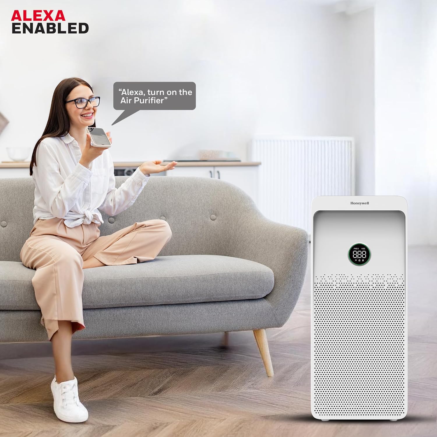 Honeywell Air Purifier For Home,4 Stage Filtration,Covers 1085sq.ft,PM 2.5 Level Display,with WIFI & ALEXA,H13 HEPA & Activated Carbon Filter,Removes 99.99% Pollutants,Micro Allergens-Air Touch U1