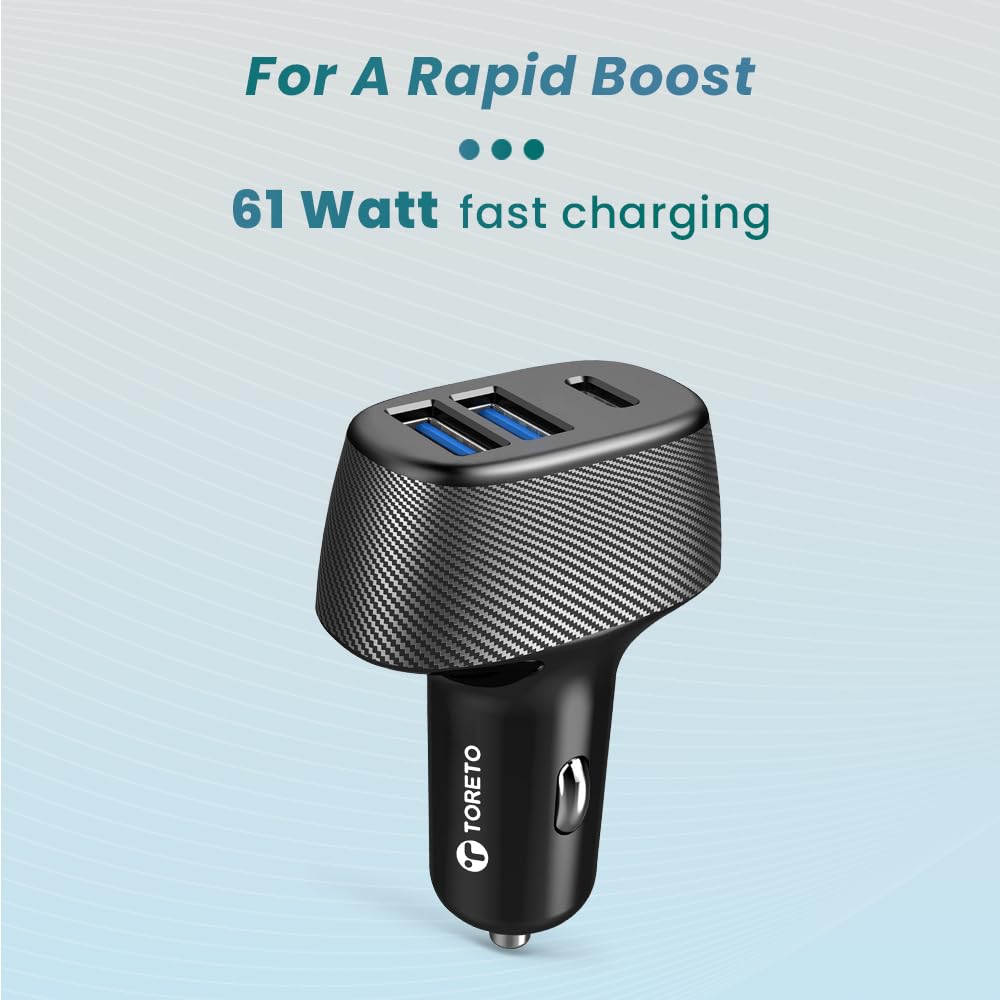 Toreto Turbo Rapid 61w fast Car Charger with Triple Output (25W PD Type-c + Dual 18W USB QC 3.0) Fast Charging | Compatible with Smartphones- iPad- USB to Type-C Cable inside