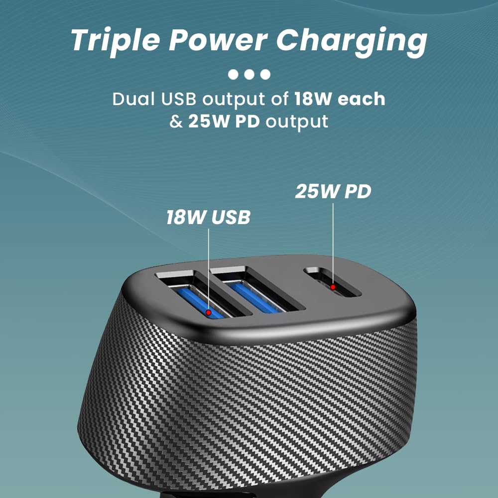 Toreto Turbo Rapid 61w fast Car Charger with Triple Output (25W PD Type-c + Dual 18W USB QC 3.0) Fast Charging | Compatible with Smartphones- iPad- USB to Type-C Cable inside