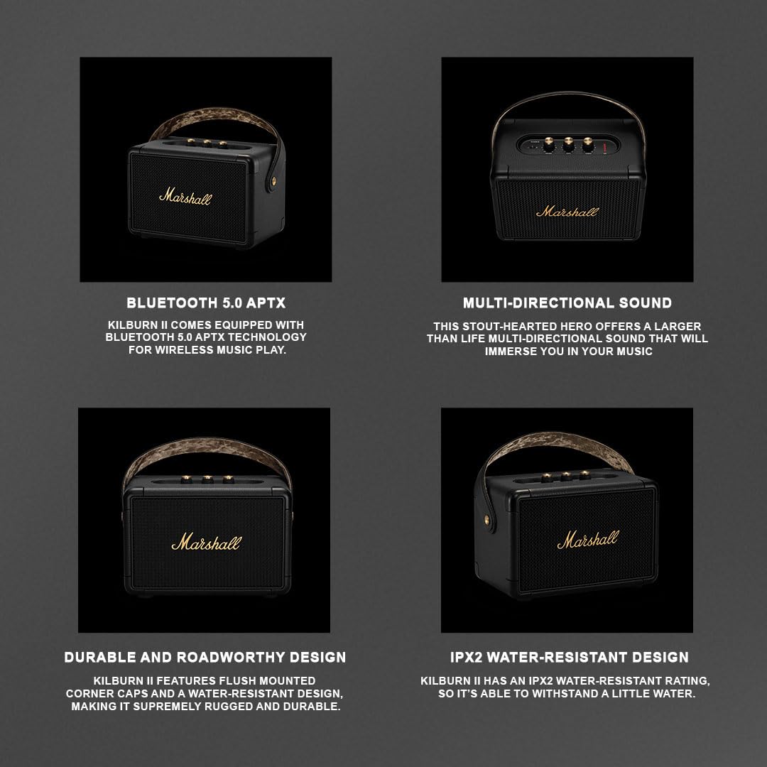Marshall Kilburn II Portable Bluetooth Speaker with 20+ Hours of Portable Playtime, (360° Sound), Water-Resistant (IPX2) Black & Brass