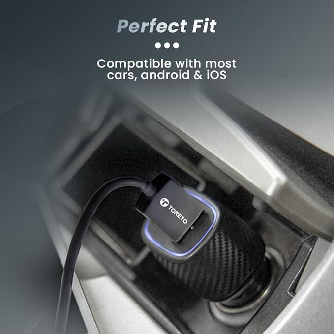 Toreto Turbo Pro 69w Car Charger with Dual Output | Fast Charging | Compatible with All Smartphones- iPad- Tablets- Laptop | 69W with Type-C to C Fast Charging Cable Black