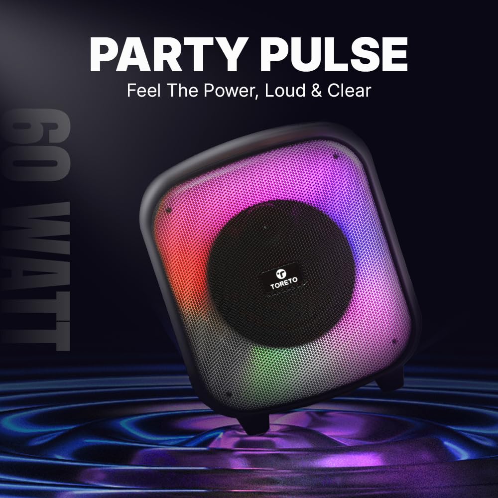 Toreto Party Pulse Wireless Portable Bluetooth Party Speaker| Dynamic Running RGB Light| 60Watt Signature Deep Bass Speaker | AUX- TF- TWS- USB Support | HD Sound| with Wireless Karaoke Mic