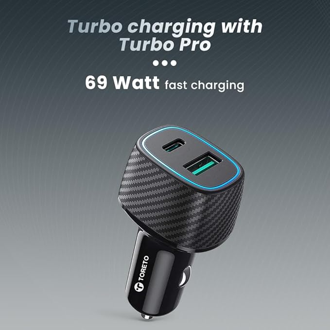 Toreto Turbo Pro 69w Car Charger with Dual Output | Fast Charging | Compatible with All Smartphones- iPad- Tablets- Laptop | 69W with Type-C to C Fast Charging Cable Black