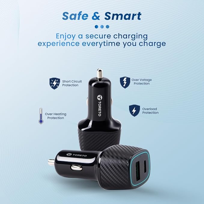 Toreto Turbo Pro 69w Car Charger with Dual Output | Fast Charging | Compatible with All Smartphones- iPad- Tablets- Laptop | 69W with Type-C to C Fast Charging Cable Black