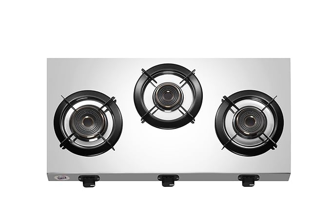 Jyoti Gas Stove 3 Burners Stainless Steel | Direct Flame 5G Burners | Sturdy Pan Supports | Easy Clean Trays | (Jyoti 304 Elegant 5G)