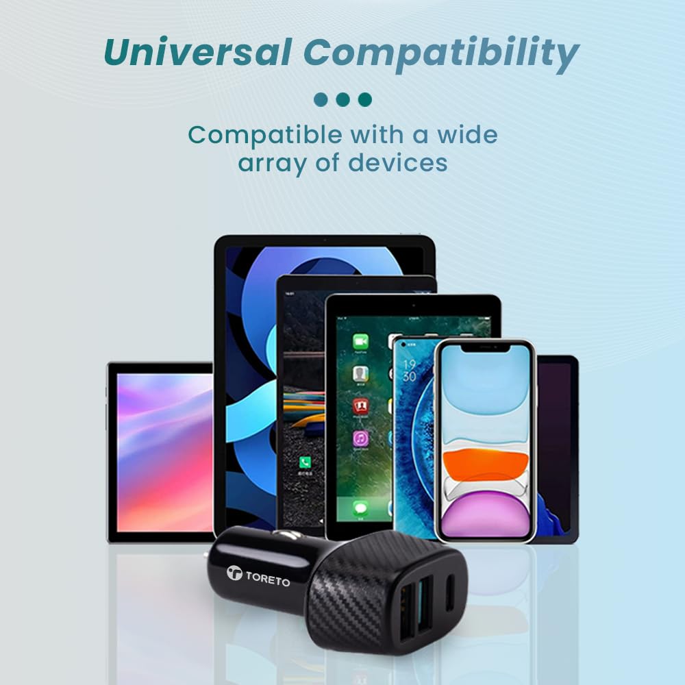 Toreto Turbo Rapid 61w fast Car Charger with Triple Output (25W PD Type-c + Dual 18W USB QC 3.0) Fast Charging | Compatible with Smartphones- iPad- USB to Type-C Cable inside
