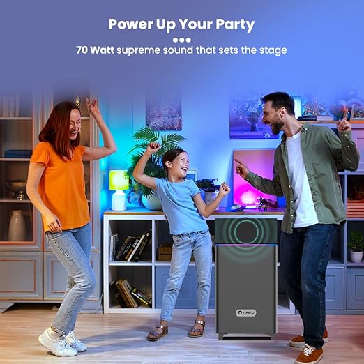 Toreto Party Mini Powerful 70W RMS Home Theater Bluetooth Party Box Party/Home Audio Speaker with High Power Bass- Wired Karaoke Mic- AUX- USB and Dynamic RGB LED