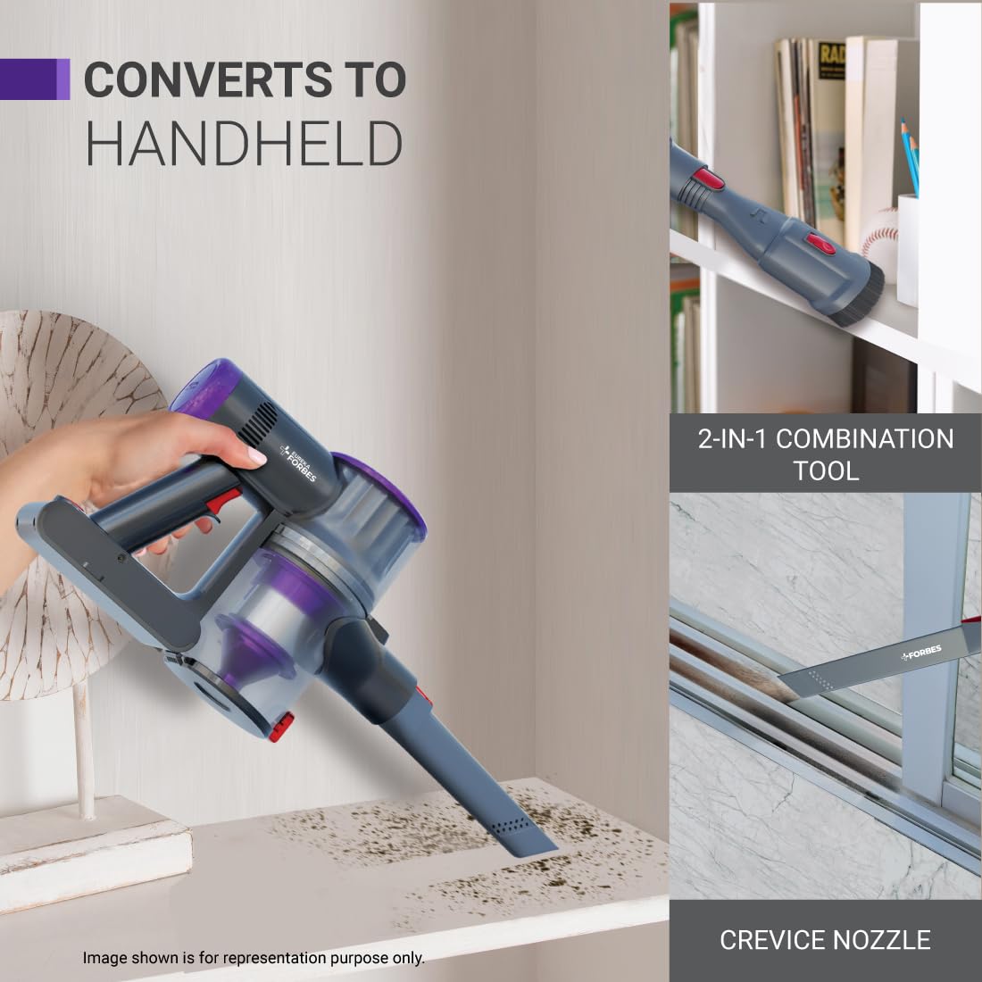 Eureka Forbes K22 Cordless Vacuum converting to handheld mode with 2-in-1 combination tool and crevice nozzle.