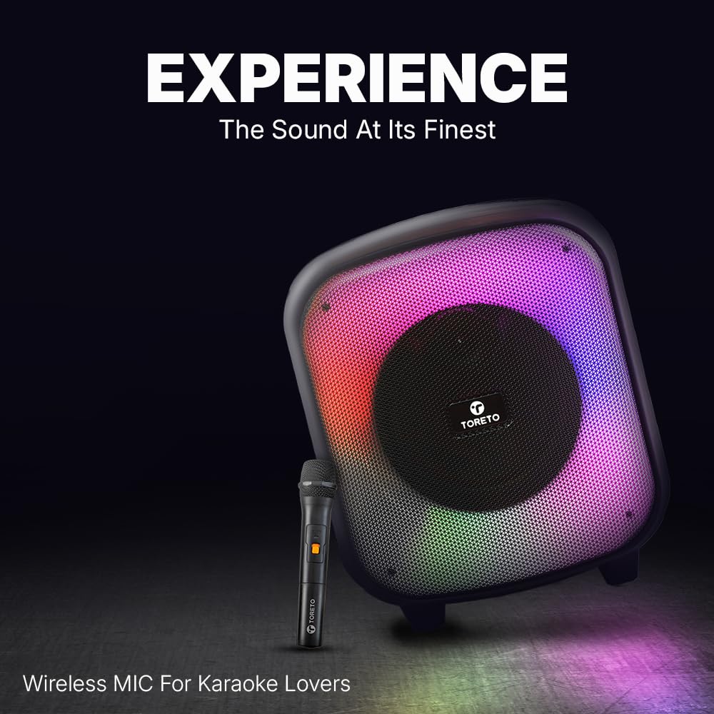 Toreto Party Pulse Wireless Portable Bluetooth Party Speaker| Dynamic Running RGB Light| 60Watt Signature Deep Bass Speaker | AUX- TF- TWS- USB Support | HD Sound| with Wireless Karaoke Mic