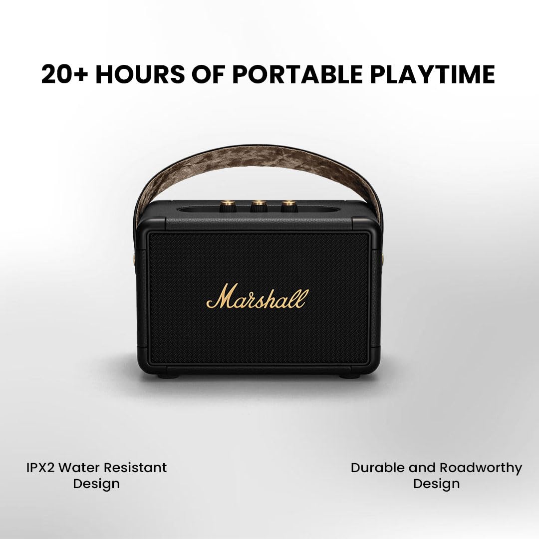Marshall Kilburn II Portable Bluetooth Speaker with 20+ Hours of Portable Playtime, (360° Sound), Water-Resistant (IPX2) Black & Brass