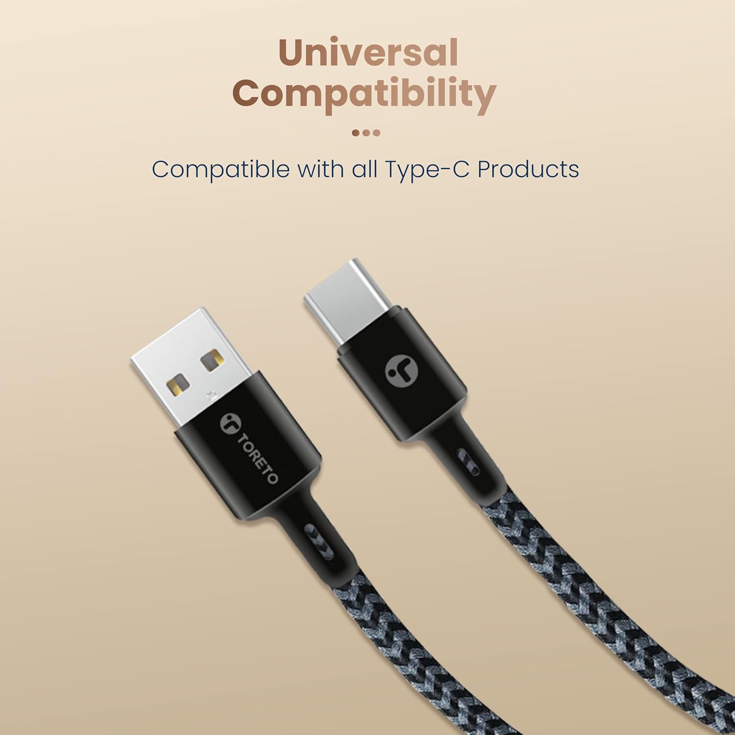 Toreto Dura 9 3A Type-C Data and Fast Charging Cable- Made in India- 480Mbps Data Sync- Strong and Durable 1-Meter Nylon Braided USB Cable for Type-C Devices (Black) (Type-C- 1 Meter)