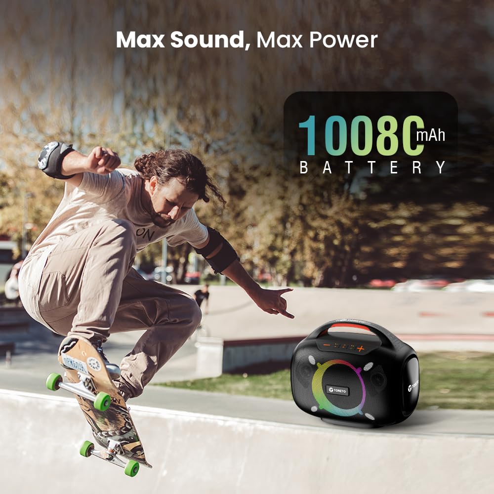 Toreto Smash -2 Boombox 80W Wireless Portable Party Speaker with Bluetooth 5.3 | Dazzling RGB Light- Support TWS/USB/TF Card/AUX Input/Rechargable Wireless Mic (Black)