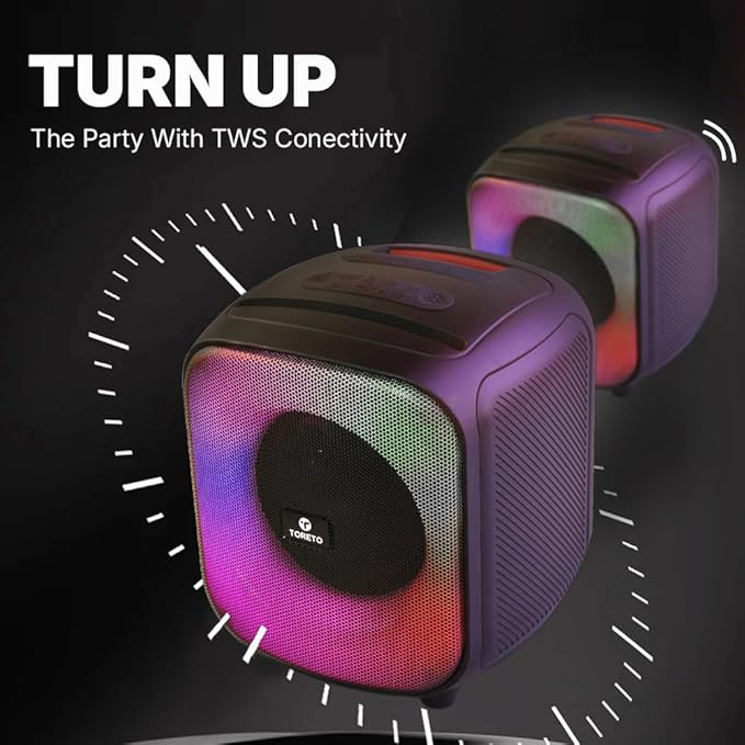 Toreto Party Pulse Wireless Portable Bluetooth Party Speaker| Dynamic Running RGB Light| 60Watt Signature Deep Bass Speaker | AUX- TF- TWS- USB Support | HD Sound| with Wireless Karaoke Mic