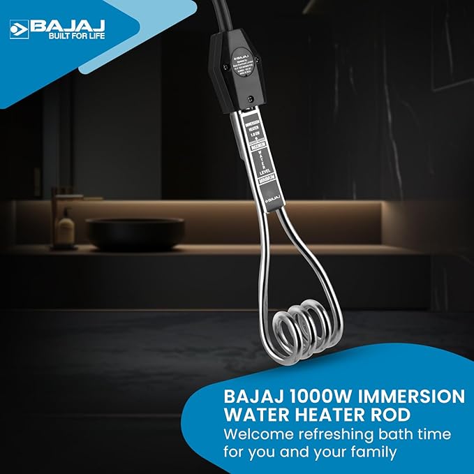 Bajaj Copper 1000 Watts Immersion Rod Heater For Home|Water Heater Rod For Efficient Heating|With Anti-Corrosive Nickel Plating|Isi Approvel Safety&Quality|2-Yr Warranty|Silver
