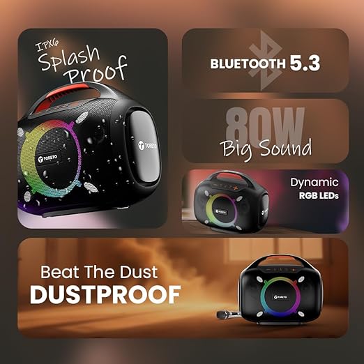 Toreto Smash -2 Boombox 80W Wireless Portable Party Speaker with Bluetooth 5.3 | Dazzling RGB Light- Support TWS/USB/TF Card/AUX Input/Rechargable Wireless Mic (Black)