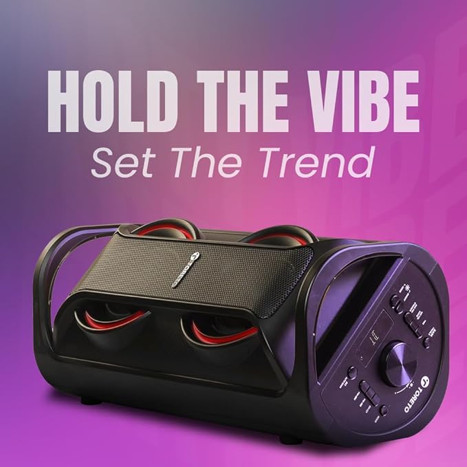 Toreto Party Vibe Wireless Portable Bluetooth Party Speaker| 40Watt Signature Deep Bass|Dynamic Running RGB Light| Wired Mic|AUX- TF- TWS- USB Support| Multiple Control| Remote Black