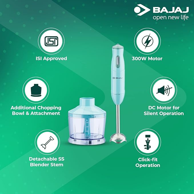 Bajaj Stainless Steel Hb-22 Silent 300W Hand Blender- Light Blue- 1 Jar- 300 Watt