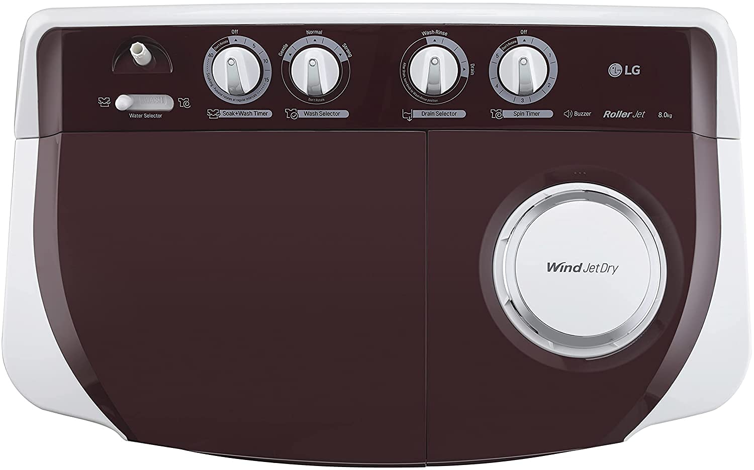 LG 8 kg 5 Star with Roller Jet Pulsator with Soak- Wind Jet Dry and Rat Away- 6 Kg (Spin Tub Capacity) Semi Automatic Top Load Washing Machine Maroon- White  (P8035SRAZ)