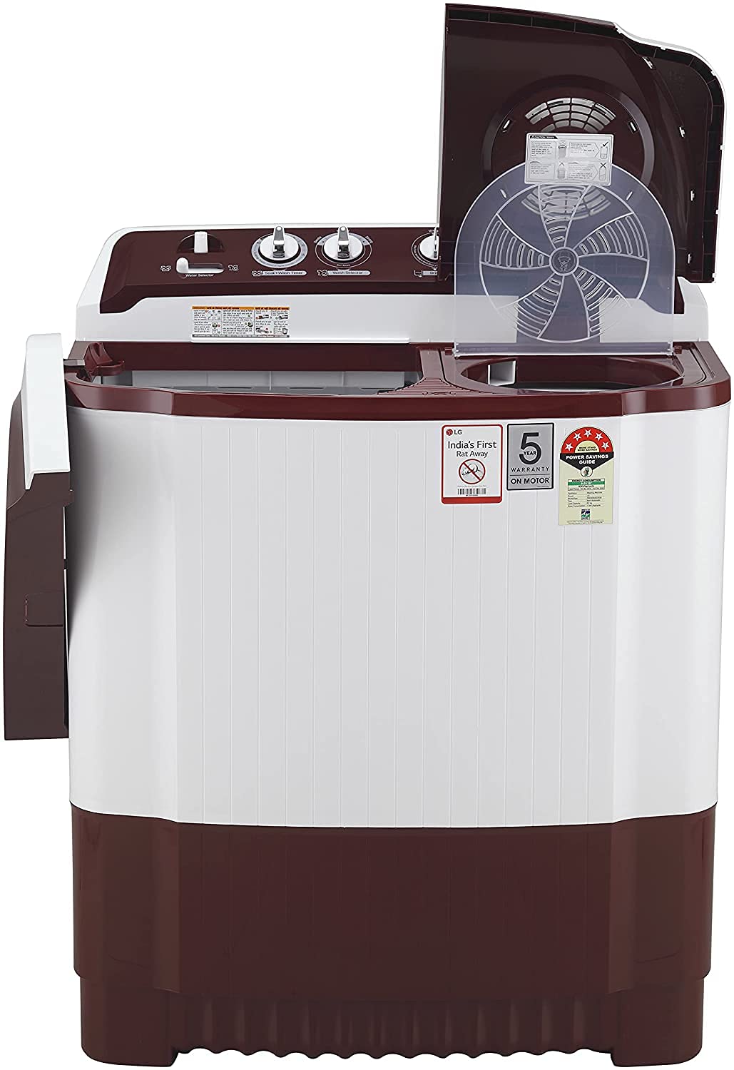 LG 8 kg 5 Star with Roller Jet Pulsator with Soak- Wind Jet Dry and Rat Away- 6 Kg (Spin Tub Capacity) Semi Automatic Top Load Washing Machine Maroon- White  (P8035SRAZ)