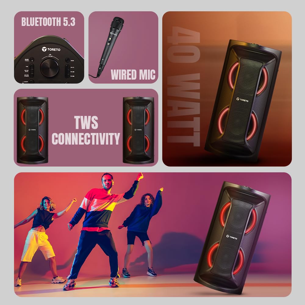Toreto Party Vibe Wireless Portable Bluetooth Party Speaker| 40Watt Signature Deep Bass|Dynamic Running RGB Light| Wired Mic|AUX- TF- TWS- USB Support| Multiple Control| Remote Black
