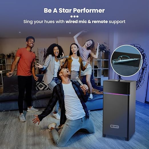 Toreto Party Mini Powerful 70W RMS Home Theater Bluetooth Party Box Party/Home Audio Speaker with High Power Bass- Wired Karaoke Mic- AUX- USB and Dynamic RGB LED