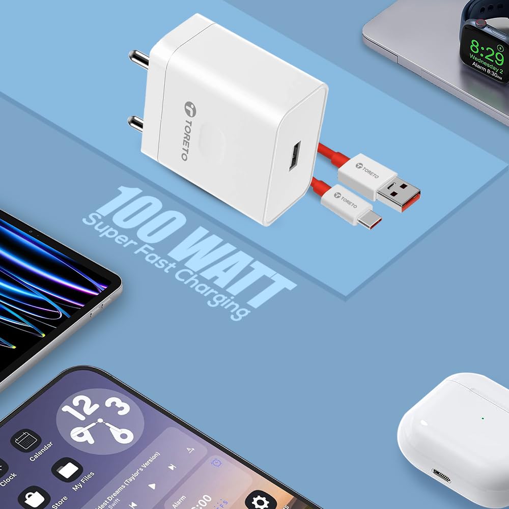Toreto Zest GO 100W Super Vooc Fast Charging Adaptor Mobile Charger for Android Smartphone and All C-Type-C Devices USB to Type C Fast Charging Cable Included (White)