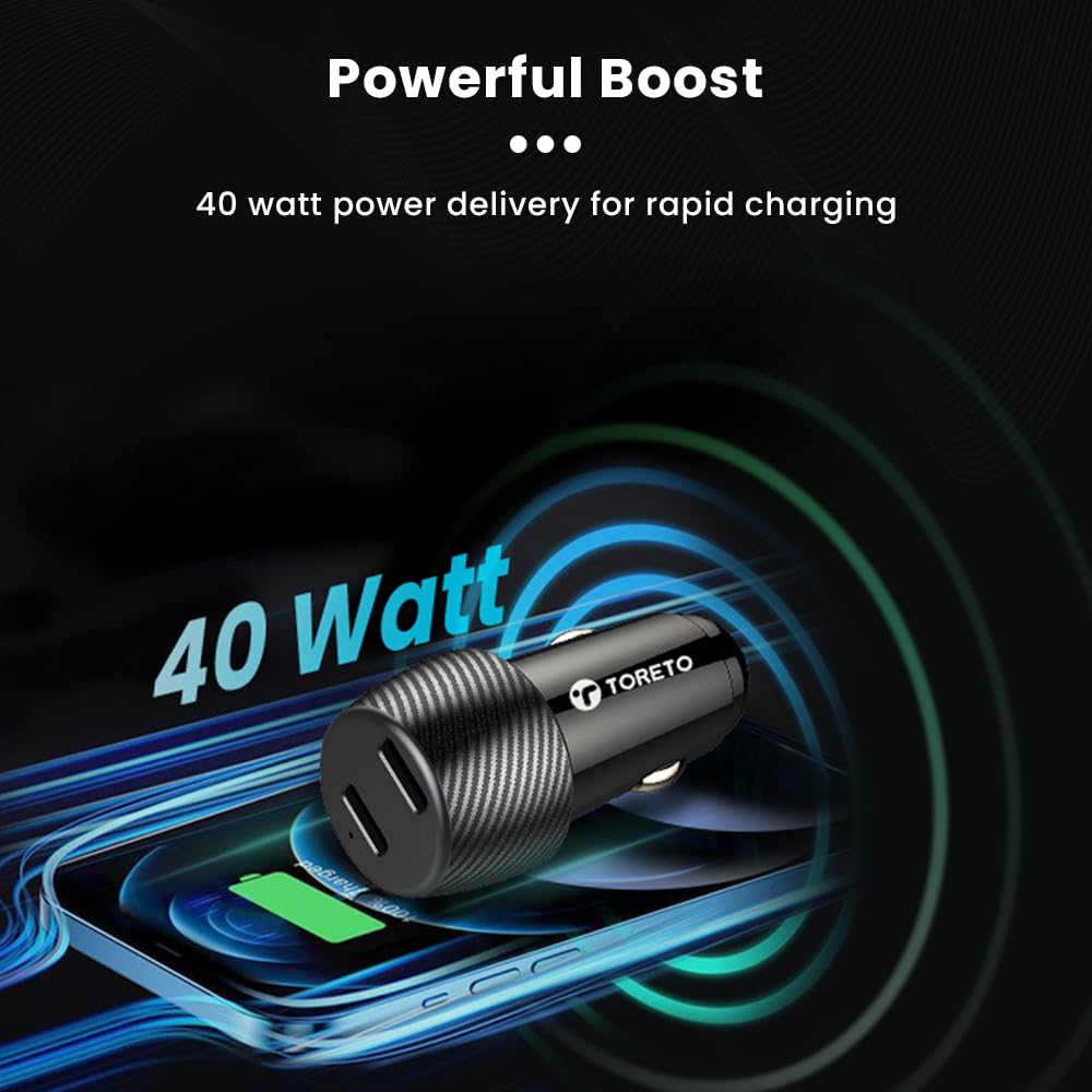 Toreto Turbo NEO 40 Watt Super Fast Car Charger with Dual PD 3.0 Output- Compatible with iPhones Series-Tablets-Earbuds All Type C Smartphones and Devices (Black)