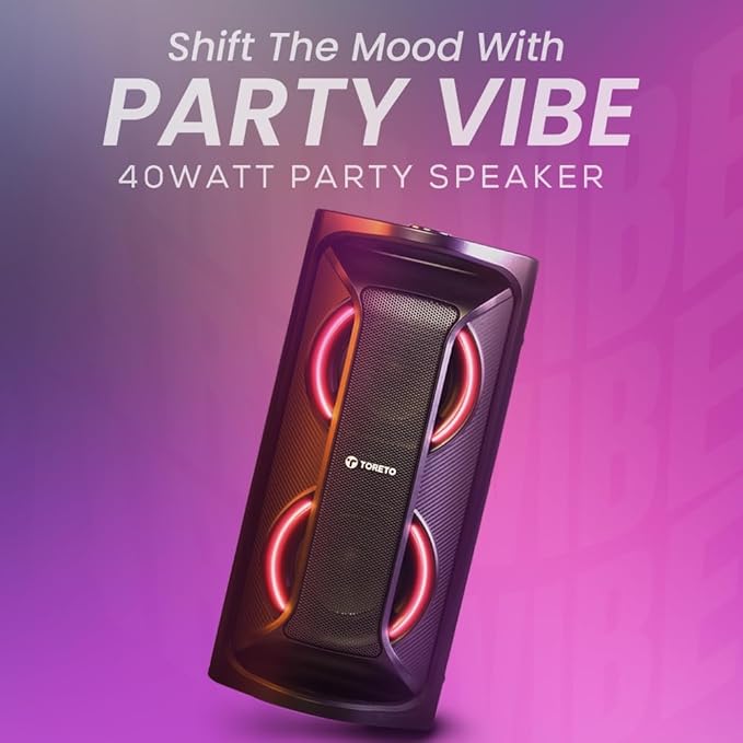 Toreto Party Vibe Wireless Portable Bluetooth Party Speaker| 40Watt Signature Deep Bass|Dynamic Running RGB Light| Wired Mic|AUX- TF- TWS- USB Support| Multiple Control| Remote Black