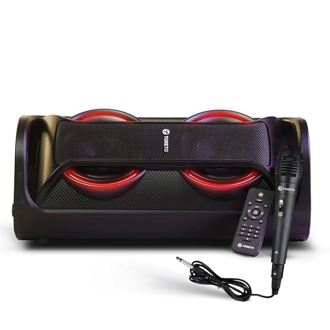 Toreto Party Vibe Wireless Portable Bluetooth Party Speaker| 40Watt Signature Deep Bass|Dynamic Running RGB Light| Wired Mic|AUX- TF- TWS- USB Support| Multiple Control| Remote Black
