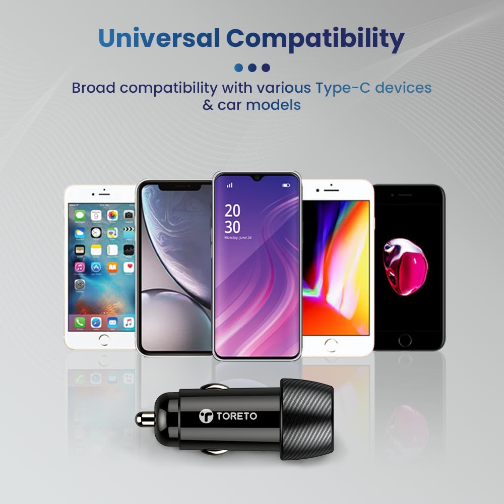 Toreto Turbo NEO 40 Watt Super Fast Car Charger with Dual PD 3.0 Output- Compatible with iPhones Series-Tablets-Earbuds All Type C Smartphones and Devices (Black)