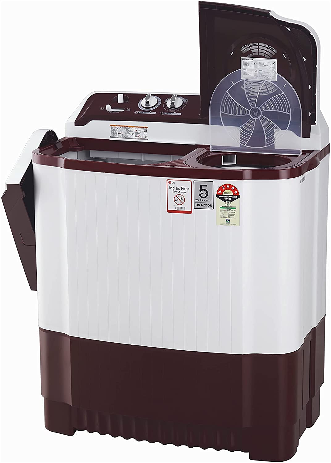 LG 8 kg 5 Star with Roller Jet Pulsator with Soak- Wind Jet Dry and Rat Away- 6 Kg (Spin Tub Capacity) Semi Automatic Top Load Washing Machine Maroon- White  (P8035SRAZ)