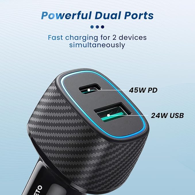 Toreto Turbo Pro 69w Car Charger with Dual Output | Fast Charging | Compatible with All Smartphones- iPad- Tablets- Laptop | 69W with Type-C to C Fast Charging Cable Black