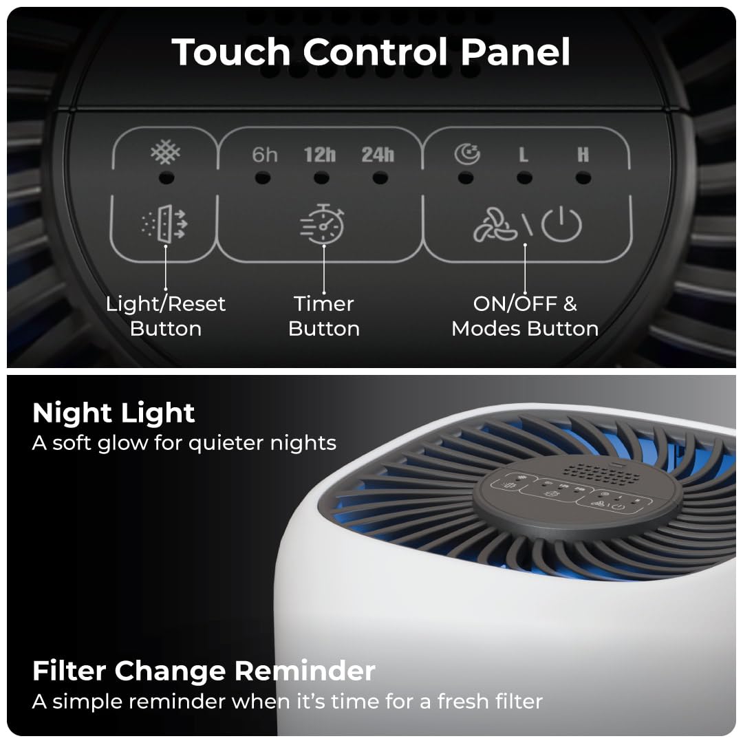 Touch control panel of XECH Atmos H13 HEPA Air Purifier with night light and filter change reminder features.