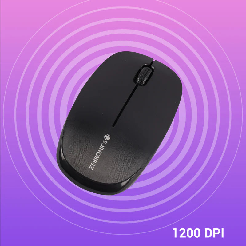 Zebronics Companion 115 Keyboard Combo wireless mouse with 1200 DPI on a purple background