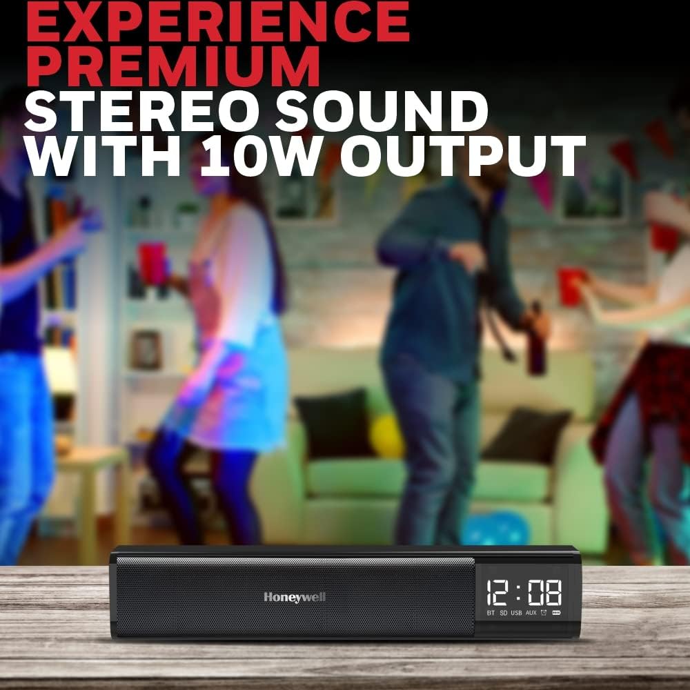 Honeywell Moxie V1000 10W 2.0 Channel V5.0 Wireless Bluetooth Soundbar, 5.0 Stereo Sound, 52mm*2 Drivers, 15Hrs Playtime, TWS, 1200mAh Battery, Multiple Connectivity via SD Card, Audio Jack & USB (Black)