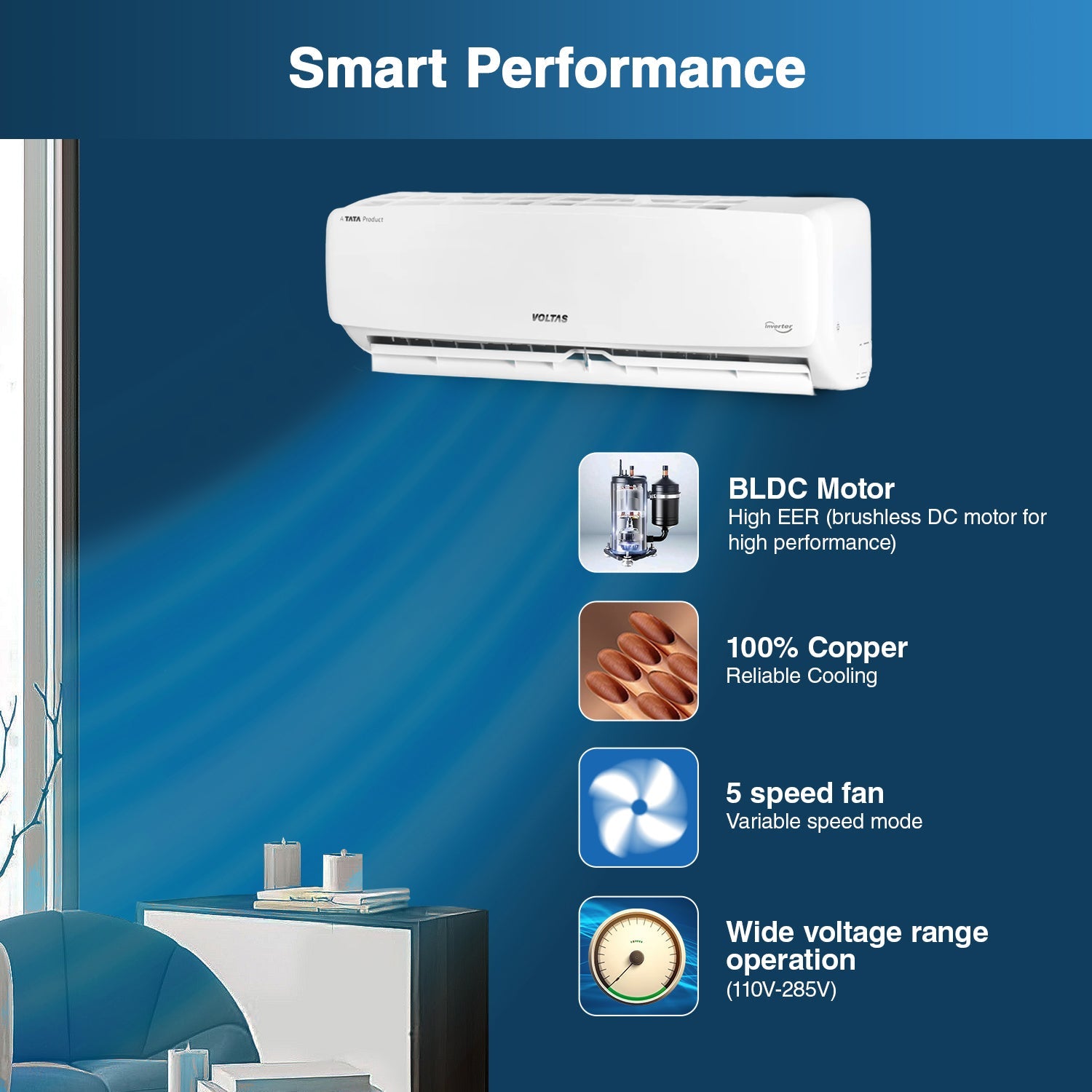 Voltas 1 Ton 3 Star Inverter Split AC (Copper- 4-in-1 Adjustable Mode- Anti-Dust Filter- 2023 Model- 123V Vectra Elegant- White)