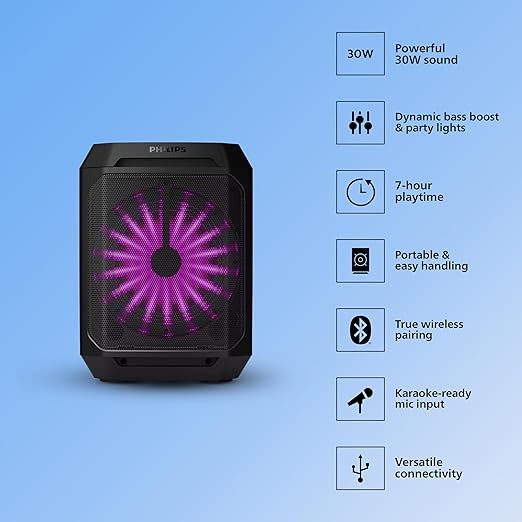 Philips TAX2208/94 30W Bluetooth Party Speaker | Dynamic Bass Boost- Mono Channel- Karaoke Mic Input- Wireless Stereo Pairing- AUX & Bluetooth- 7H Battery- USB-C- Built-in Handle (Black)