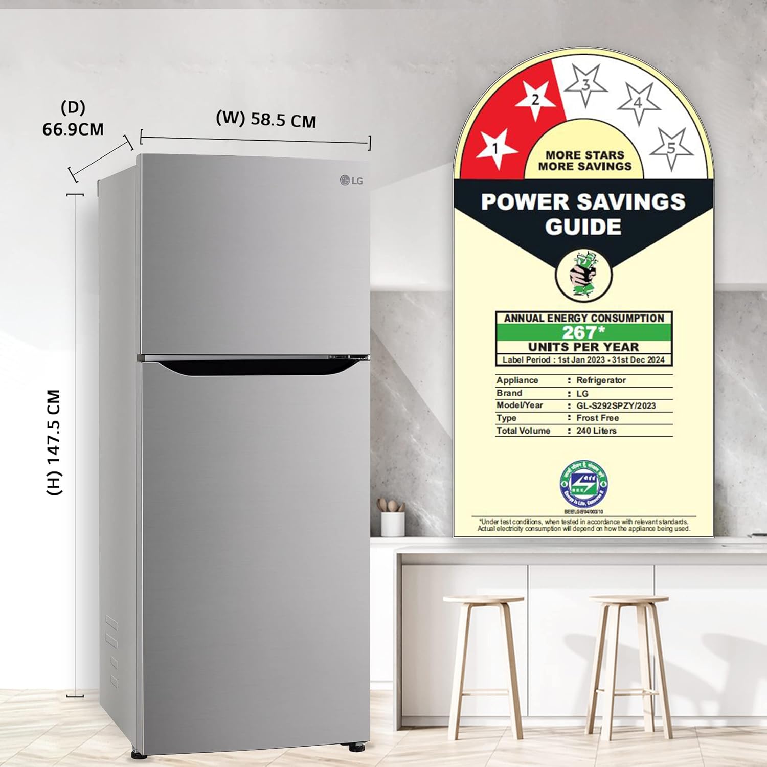 LG 240 L 2 Star Frost-Free Smart Inverter Double Door Refrigerator Appliance (2023 Model- GL-S292SPZY- Shiny Steel- Convertible)