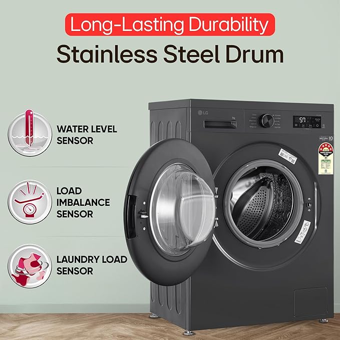 LG 7 Kg- 5 Star- Direct Drive Technology- Steam Wash- 6 Motion DD- Fully-Automatic Front Load Washing Machine (FHB1207Z2M- Allergy Care- In-Built Heater- Touch Panel- Middle Black)