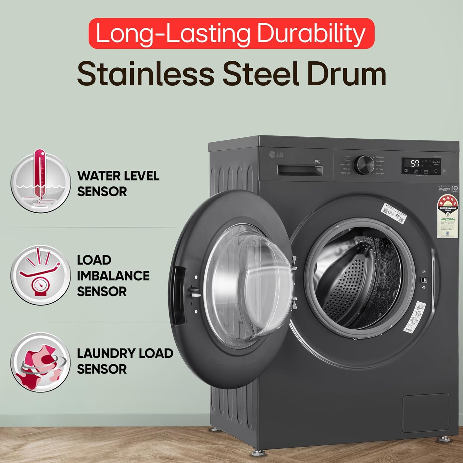 LG 9 Kg- 5 Star- Direct Drive Technology- Steam Wash- 6 Motion DD- Fully-Automatic Front Load Washing Machine (FHB1209Z2M- Allergy Care- In-Built Heater- Touch Panel- Middle Black)