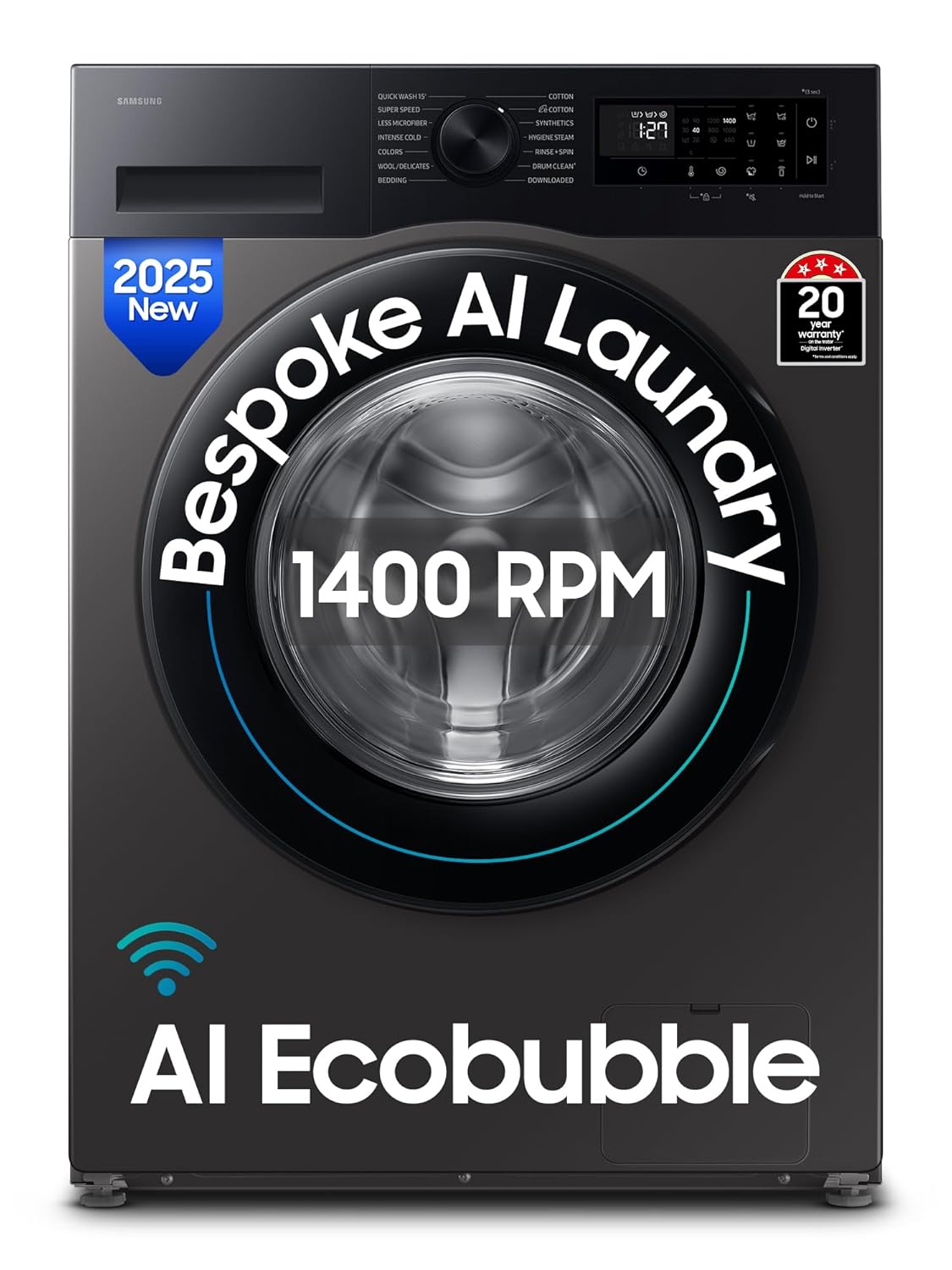 Samsung 9 kg- 5 star- AI EcoBubble- Super Speed- Wi-Fi- Hygiene Steam with Inbuilt Heater- Digital Inverter- Fully-Automatic Front Load Washing Machine (WW90DG5U24AXTL- Inox)
